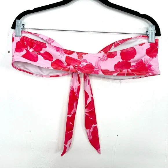 Pink Red Tropical Floral Tie Front Bandeau Swim Bikini Top Strapless Large - Picture 2 of 3